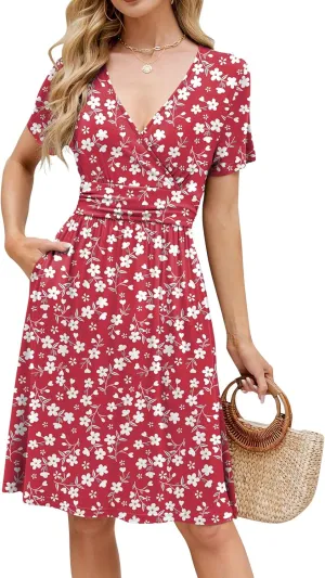 Naggoo Womens Summer Dresses for Women 2025 Spring Floral Short Sundress Short Sleeve Wrap V Neck Casual Dress with Pockets