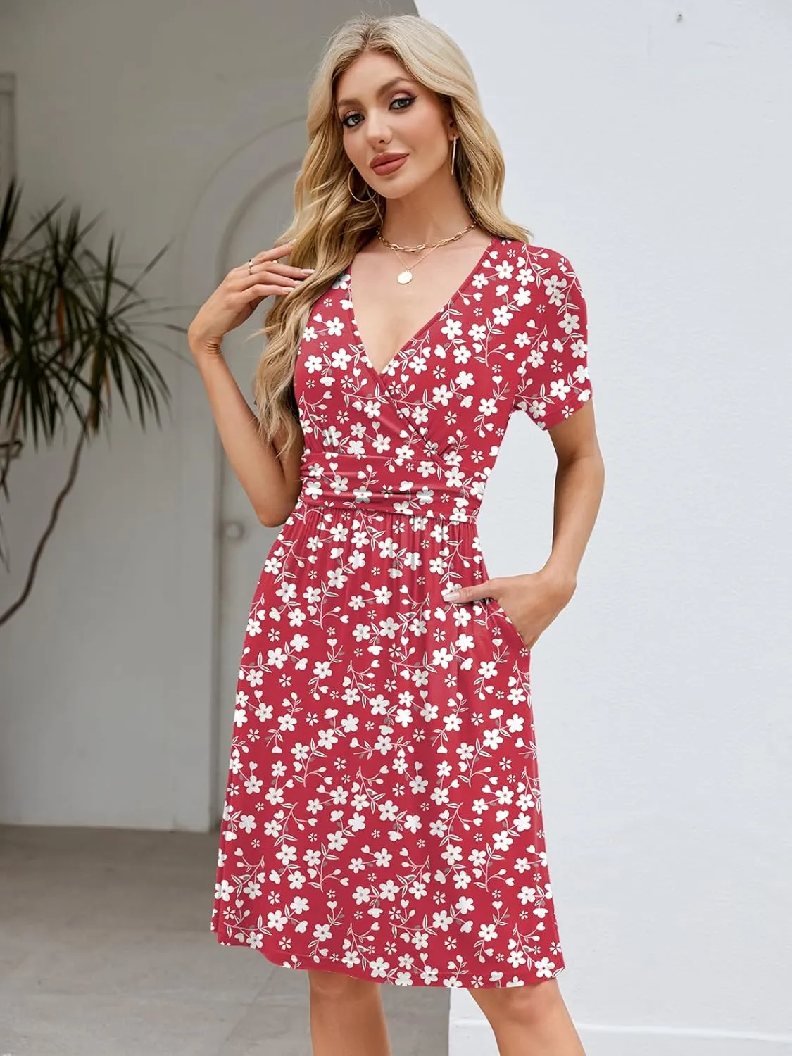 Naggoo Womens Summer Dresses for Women 2025 Spring Floral Short Sundress Short Sleeve Wrap V Neck Casual Dress with Pockets