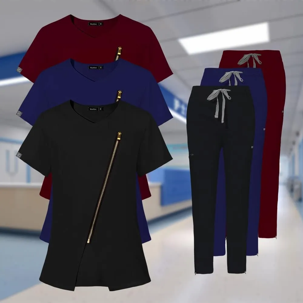 niaahinn Scrubs Set for Women Nursing Uniform Medical Scrubs Top and Elastic Waist Drawstring Pants