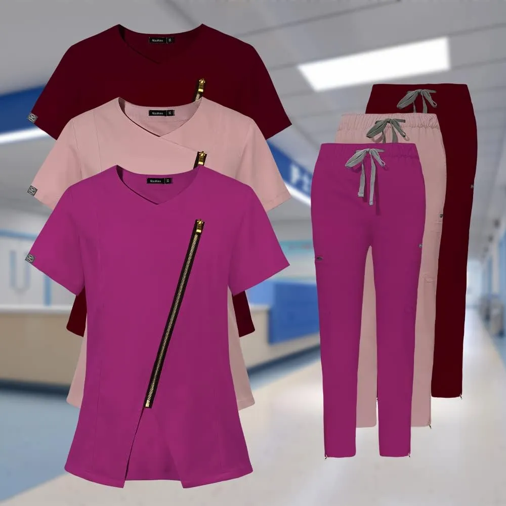 niaahinn Scrubs Set for Women Nursing Uniform Medical Scrubs Top and Elastic Waist Drawstring Pants