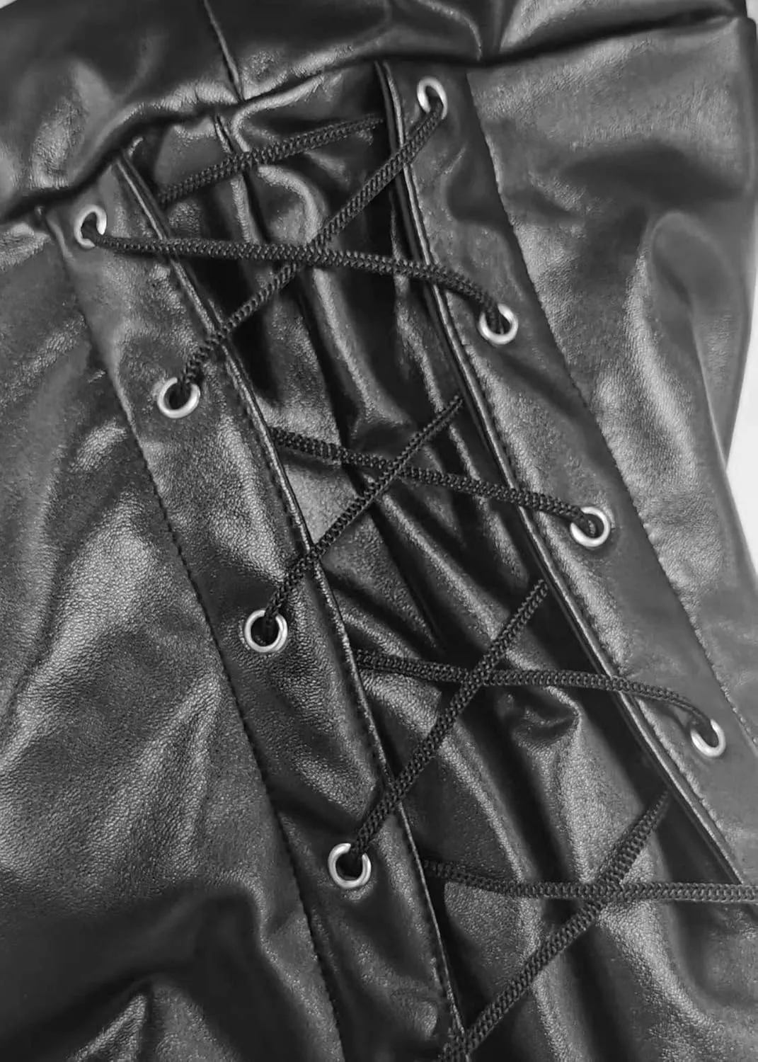 Nihsatin Fishnet Trim Lace Up PU Leather Pants Thin Lightweight Gothic Punk Leggings for Women