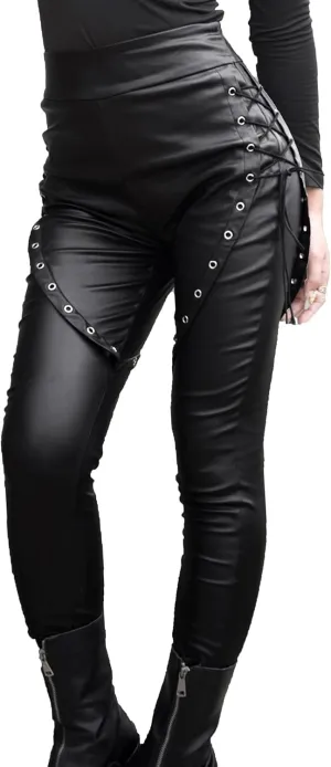 Nihsatin Fishnet Trim Lace Up PU Leather Pants Thin Lightweight Gothic Punk Leggings for Women