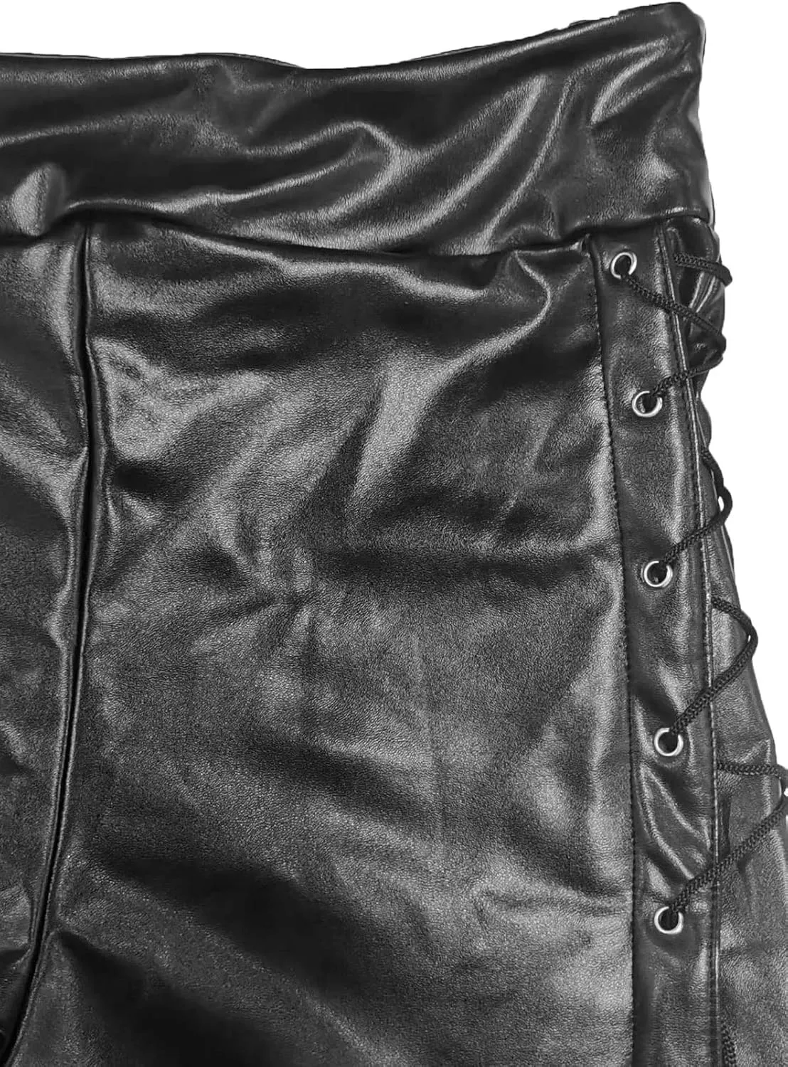 Nihsatin Fishnet Trim Lace Up PU Leather Pants Thin Lightweight Gothic Punk Leggings for Women