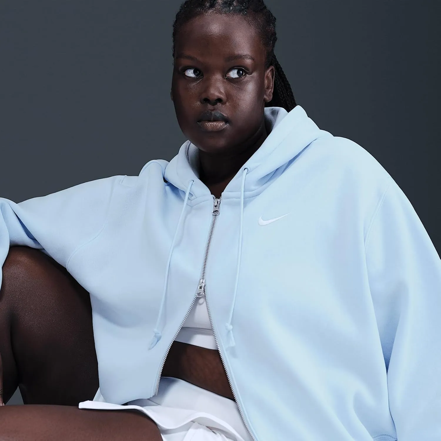 Nike Sportswear Phoenix Fleece Women's Loose Cropped Full-Zip Hoodie (Plus Size) (HJ0942-423, Blue Tint/Sail)