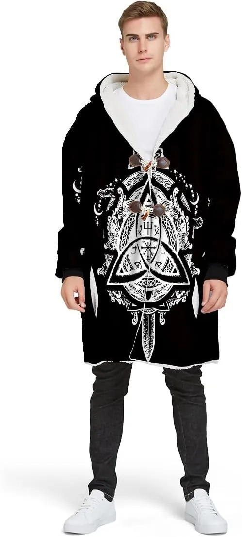 Norse Mythology Vegvisir Viking 3D Print Dream Cloak Thick Warm Hooded Men Overcoat Windproof Fleece Jacket
