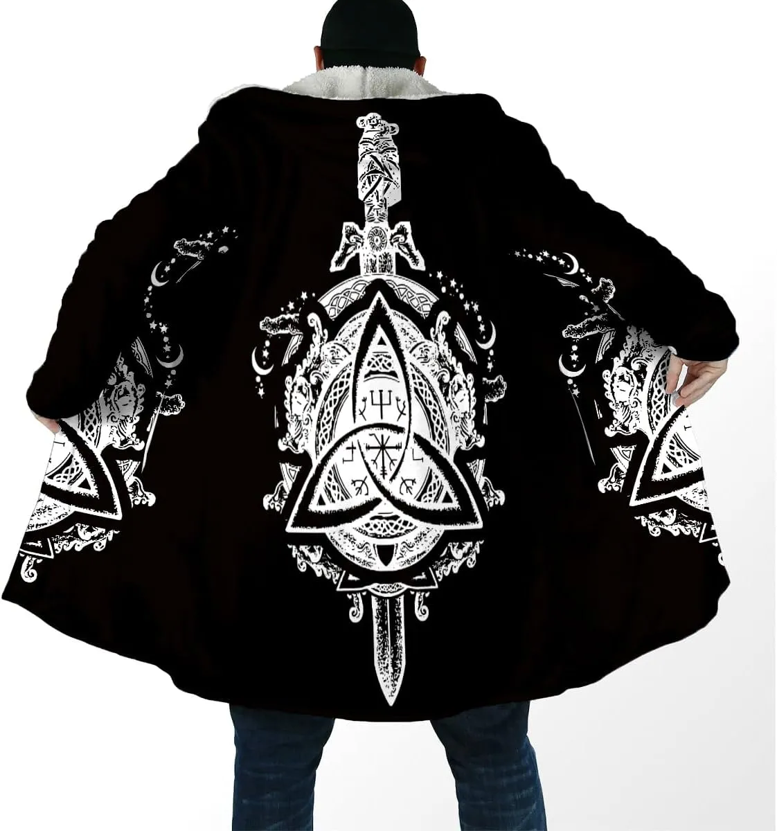 Norse Mythology Vegvisir Viking 3D Print Dream Cloak Thick Warm Hooded Men Overcoat Windproof Fleece Jacket