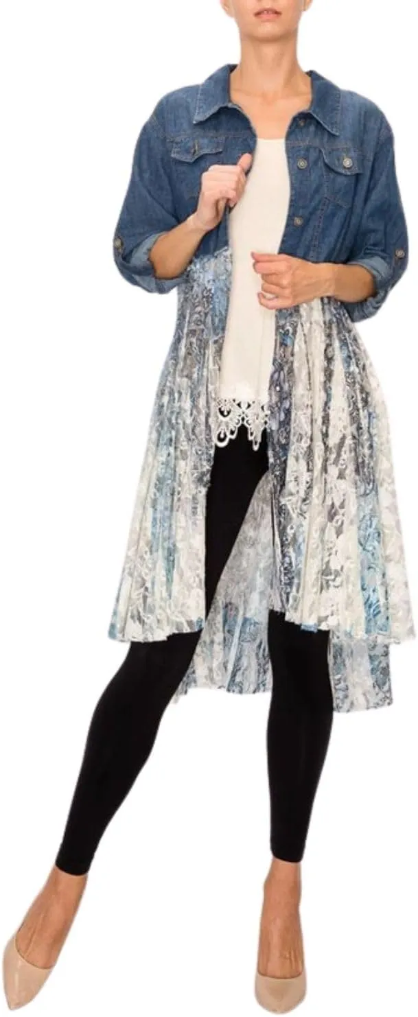 Origami Womens Denim Jacket with Printed Lace Layer