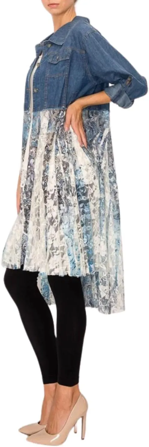 Origami Womens Denim Jacket with Printed Lace Layer