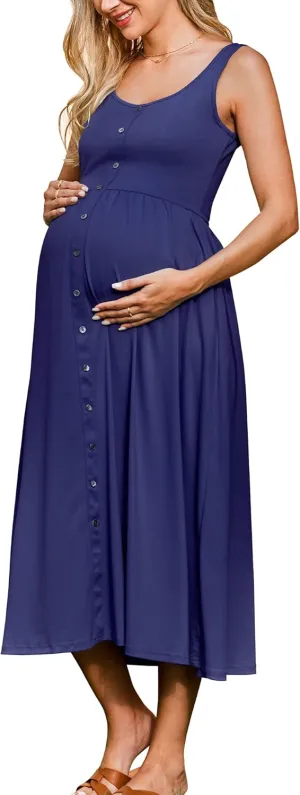 OUGES Womens Maternity Dress Scoop Neck Casual Sleeveless Button Down Pregnancy Clothes Midi Sundress with Pockets 2025