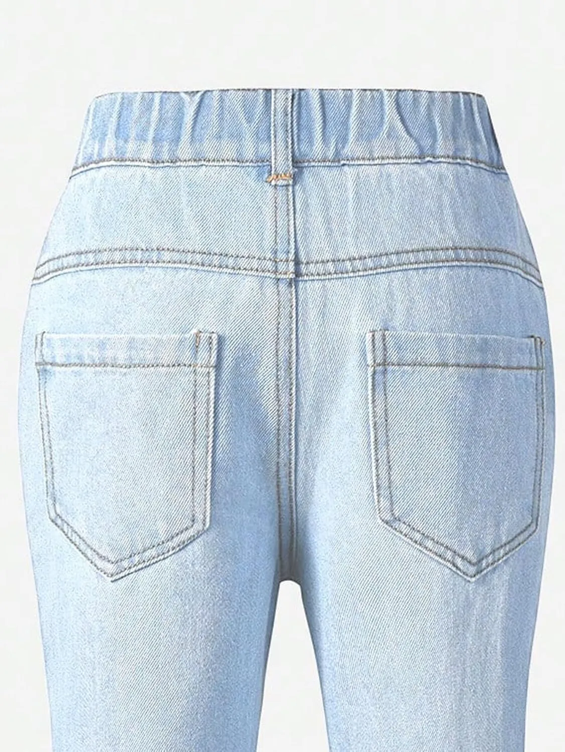 OYOANGLE Girl's Elastic Waist Flared Leg Denim Pants Raw Trim Bell Bottom Jeans with Pockets