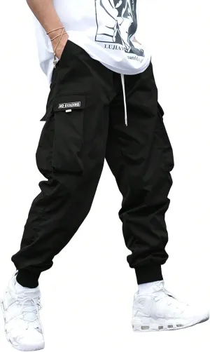 OYOANGLE Men's Casual Drawstring Elastic Waist Flap Pocket Letter Graphic Street Jogger Cargo Pants