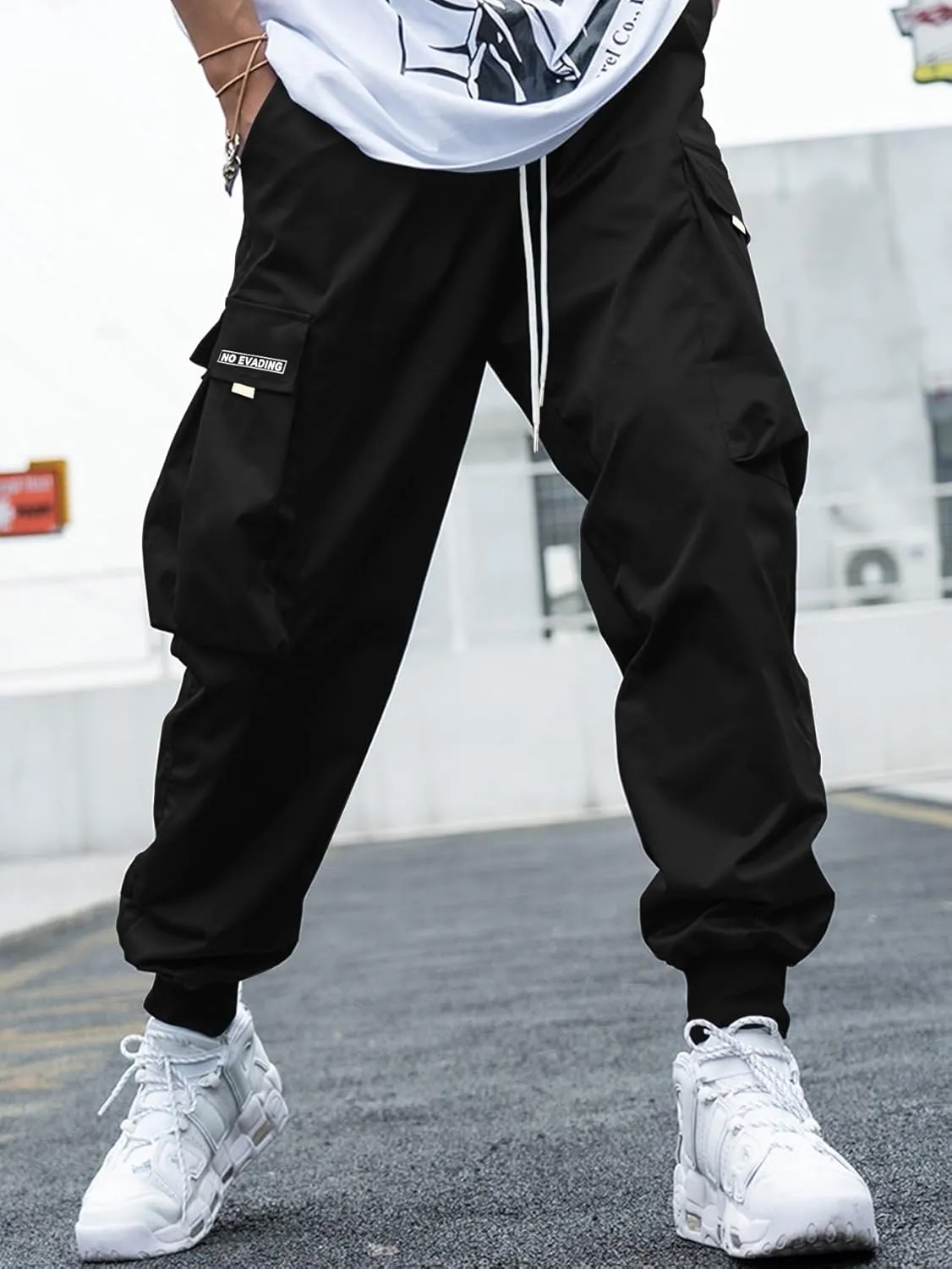 OYOANGLE Men's Casual Drawstring Elastic Waist Flap Pocket Letter Graphic Street Jogger Cargo Pants