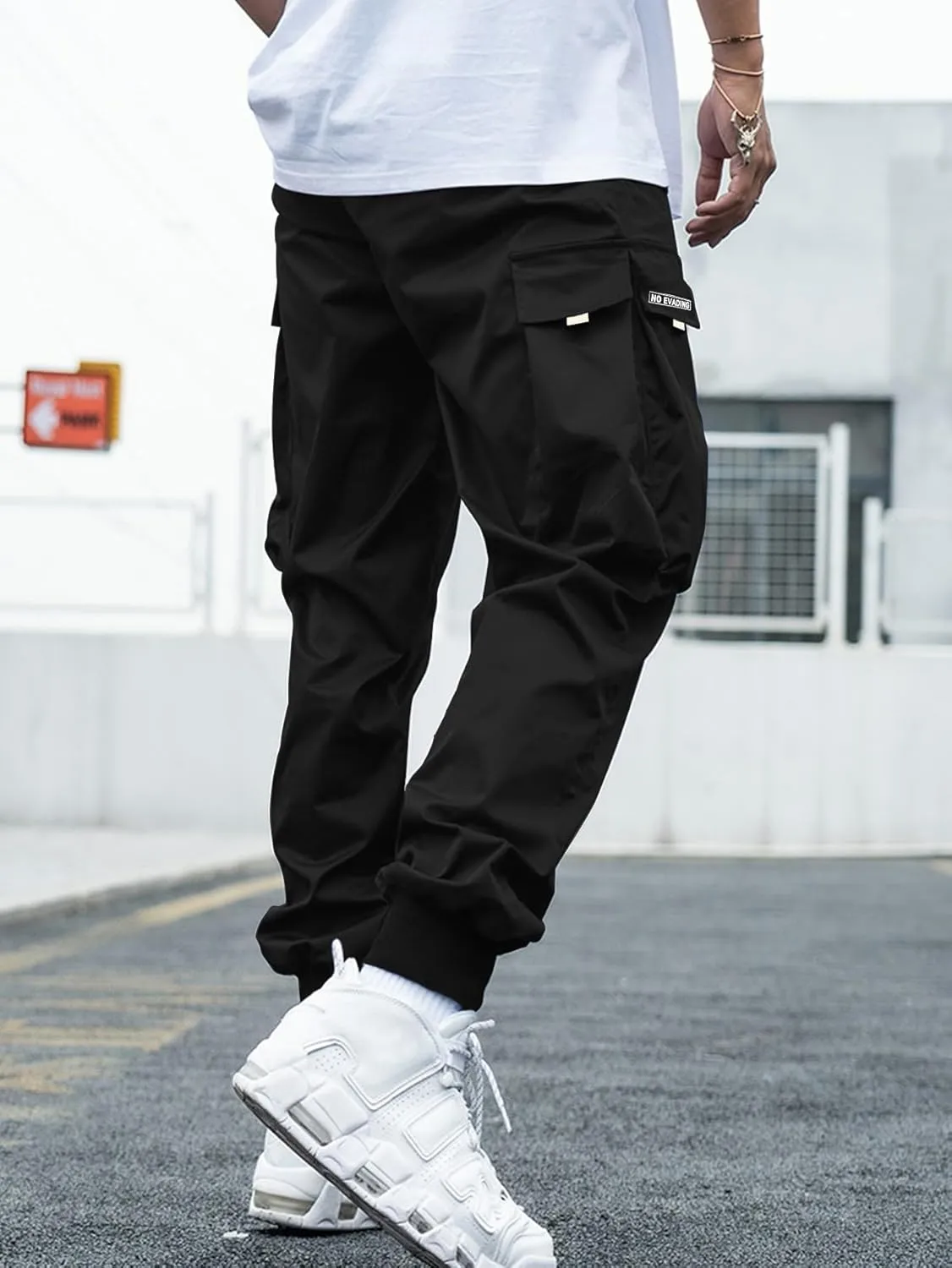 OYOANGLE Men's Casual Drawstring Elastic Waist Flap Pocket Letter Graphic Street Jogger Cargo Pants