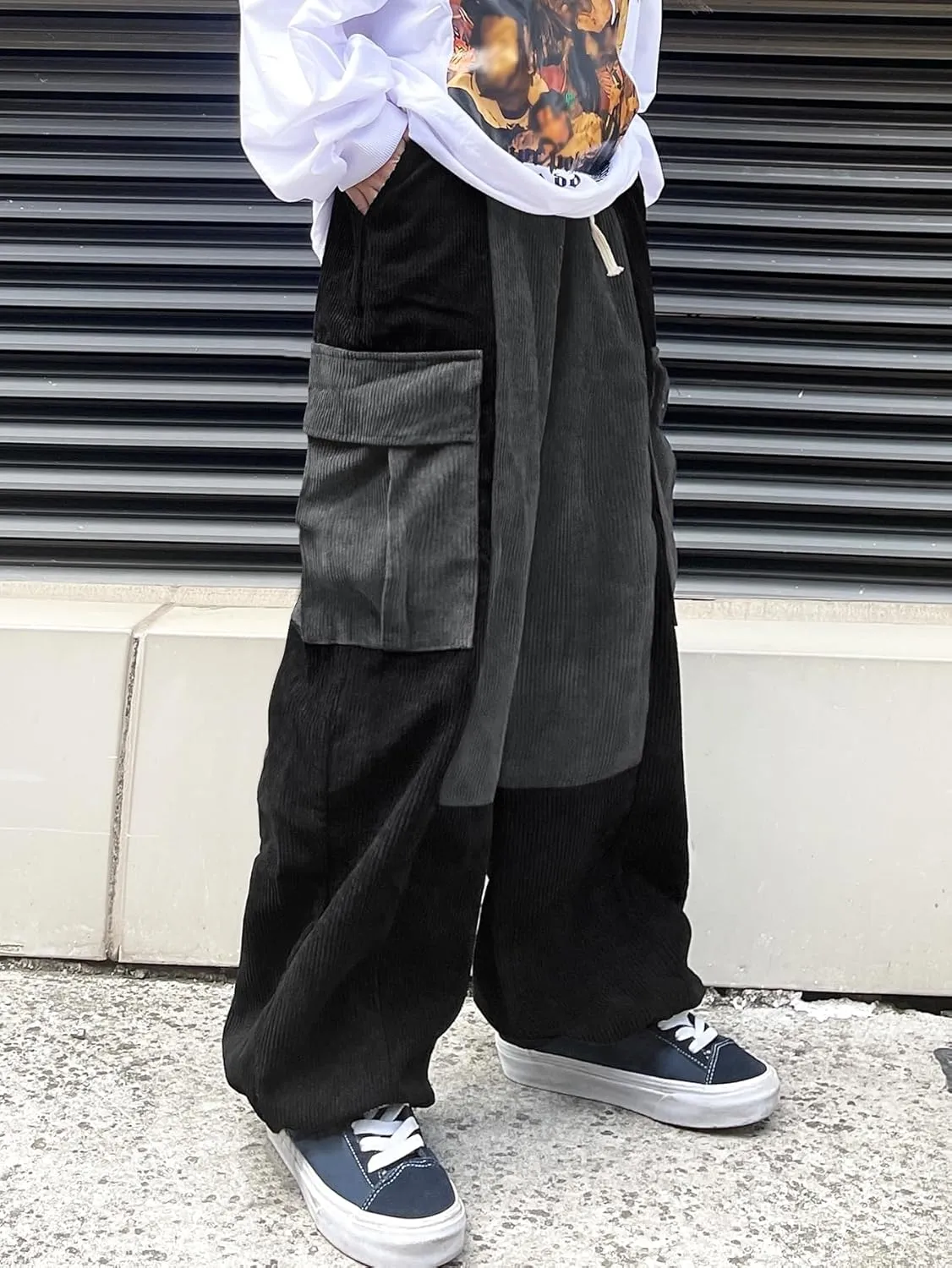 OYOANGLE Men's Streetwear Colorblock Drawstring Waist Wide Leg Baggy Corduroy Cargo Pants
