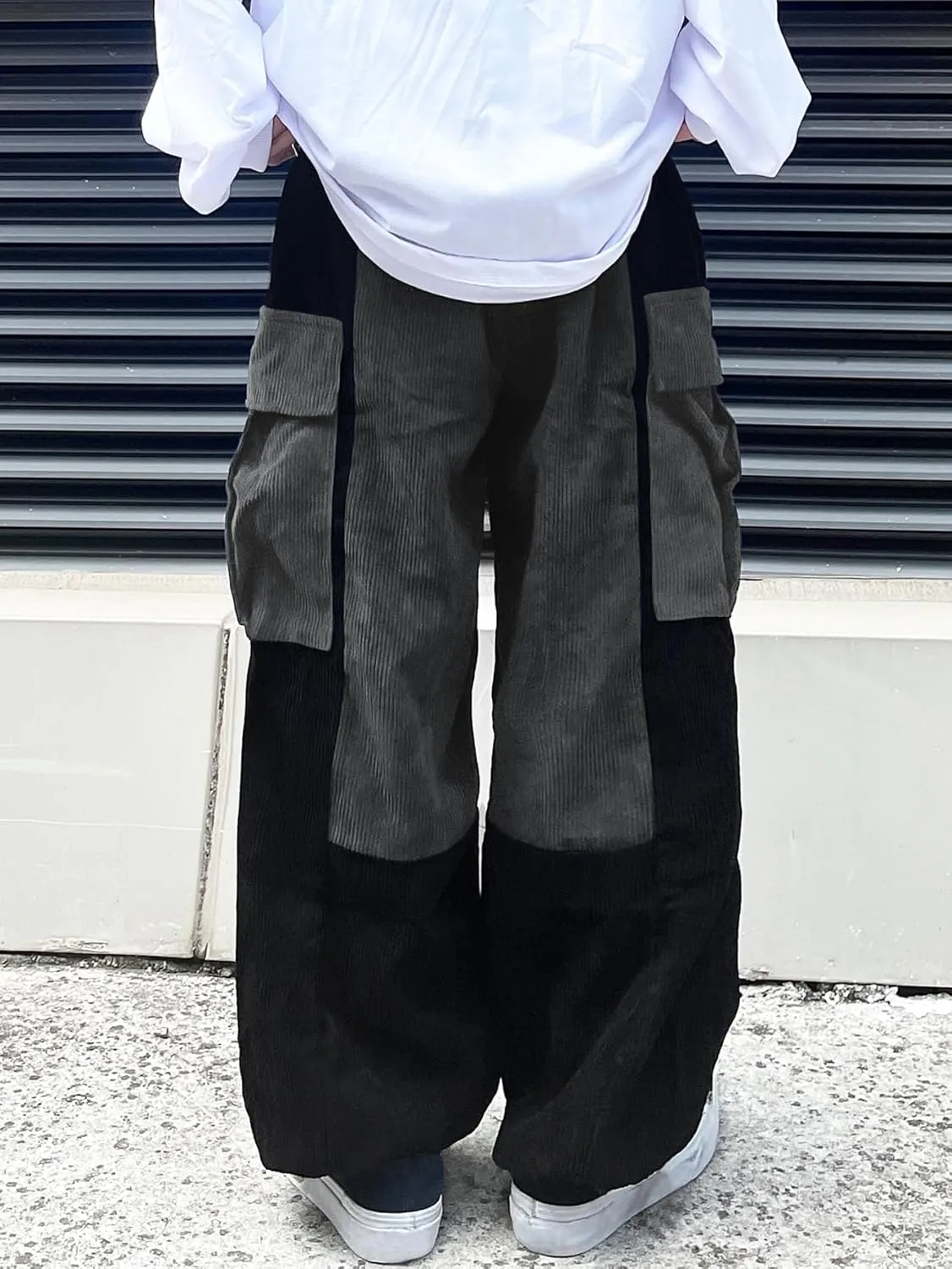 OYOANGLE Men's Streetwear Colorblock Drawstring Waist Wide Leg Baggy Corduroy Cargo Pants
