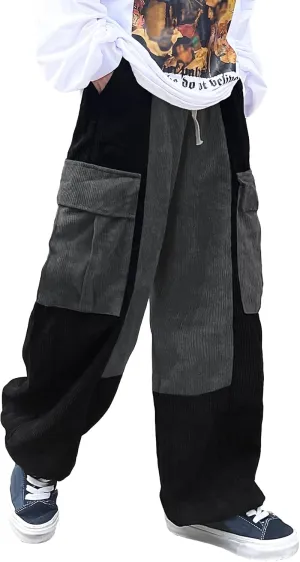 OYOANGLE Men's Streetwear Colorblock Drawstring Waist Wide Leg Baggy Corduroy Cargo Pants