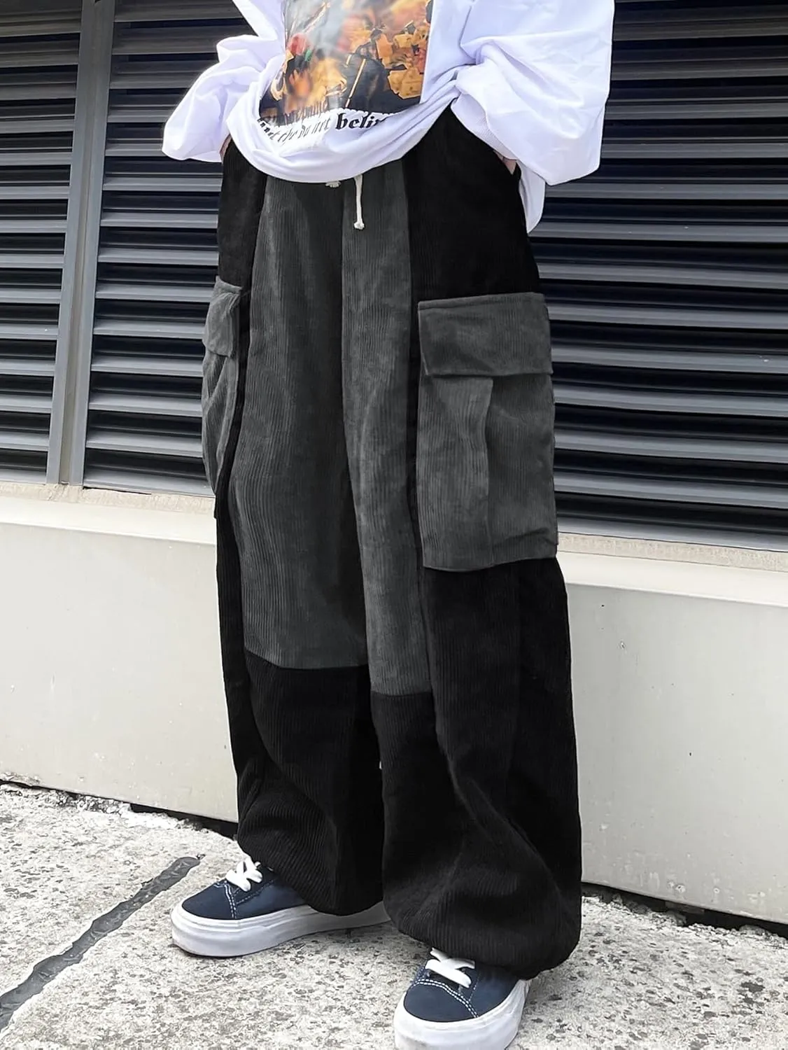 OYOANGLE Men's Streetwear Colorblock Drawstring Waist Wide Leg Baggy Corduroy Cargo Pants