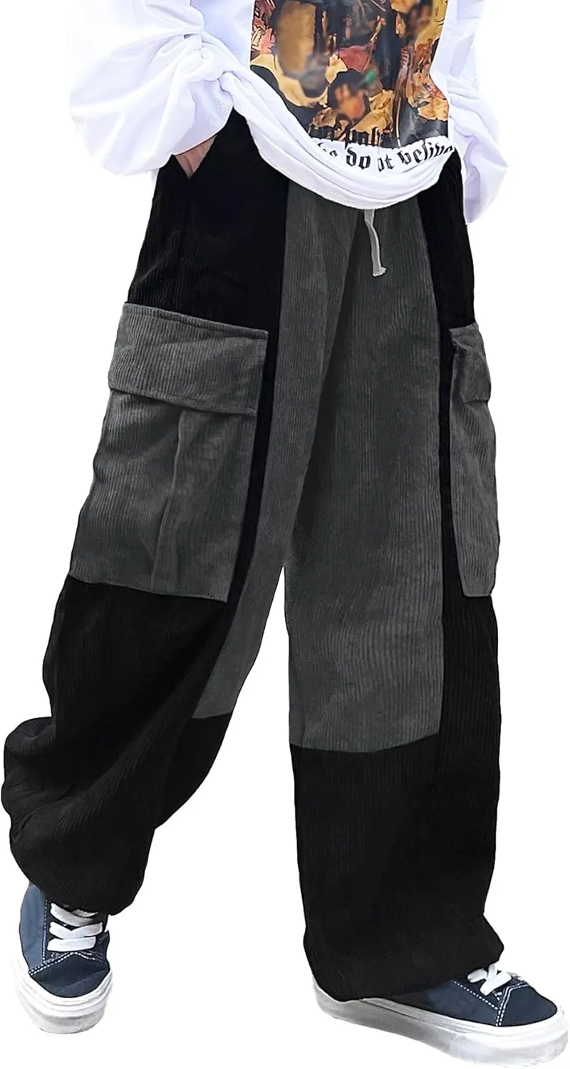 OYOANGLE Men's Streetwear Colorblock Drawstring Waist Wide Leg Baggy Corduroy Cargo Pants