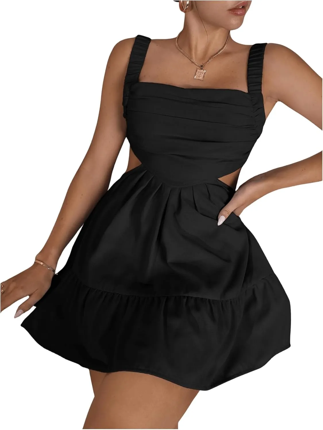 OYOANGLE Women's Cut Out Ruched Sleeveless Backless Ruffle Hem Short Cami Dress Black M