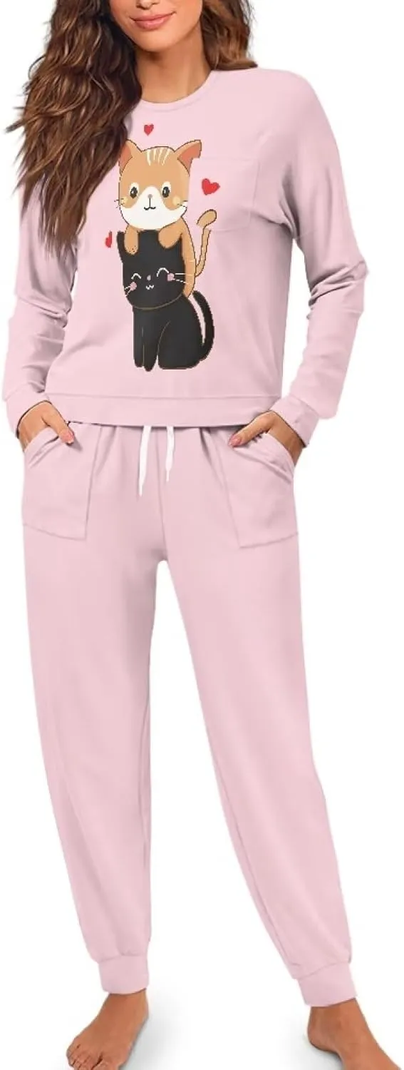 Pajamas for Women Set Long Sleeve Nightwear with Pockets, Breathable Sleepwear Casual Pjs Lounge Set for Home