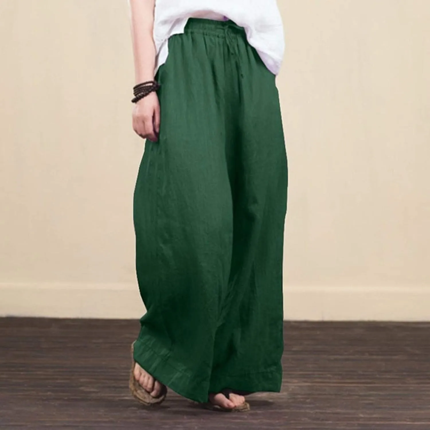 Palazzo Pants for Women, Trendy Boho Linen Wide Leg Trousers, Summer Elastic Waist Flowy Lightweight Beach Pants