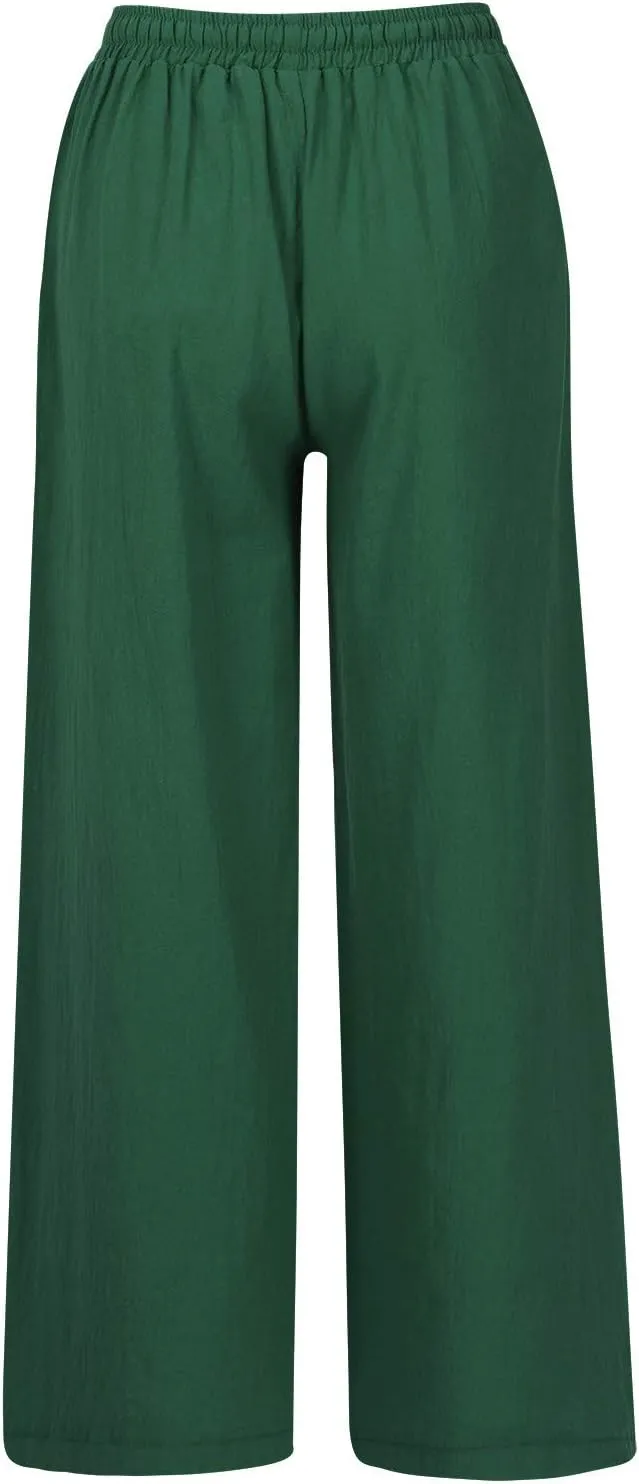 Palazzo Pants for Women, Trendy Boho Linen Wide Leg Trousers, Summer Elastic Waist Flowy Lightweight Beach Pants