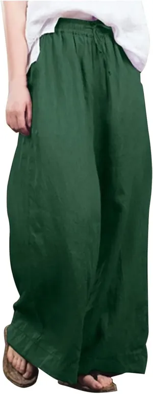 Palazzo Pants for Women, Trendy Boho Linen Wide Leg Trousers, Summer Elastic Waist Flowy Lightweight Beach Pants