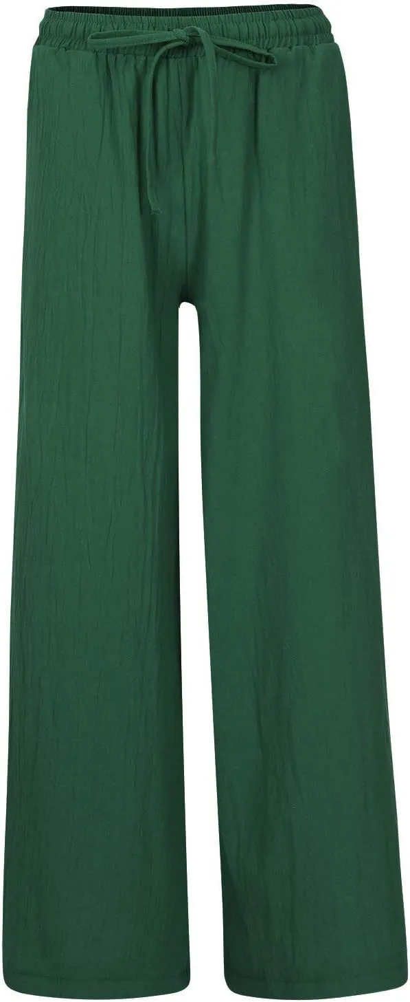 Palazzo Pants for Women, Trendy Boho Linen Wide Leg Trousers, Summer Elastic Waist Flowy Lightweight Beach Pants