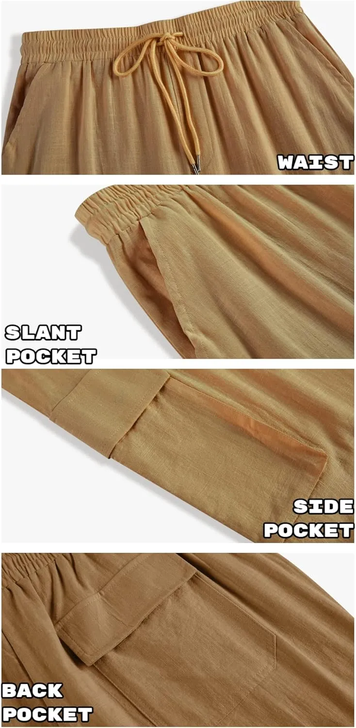PASLTER Mens Linen Cargo Pants Lightweight Elastic Waist Drawstring Casual Loose Summer Beach Yoga Pants with Pockets