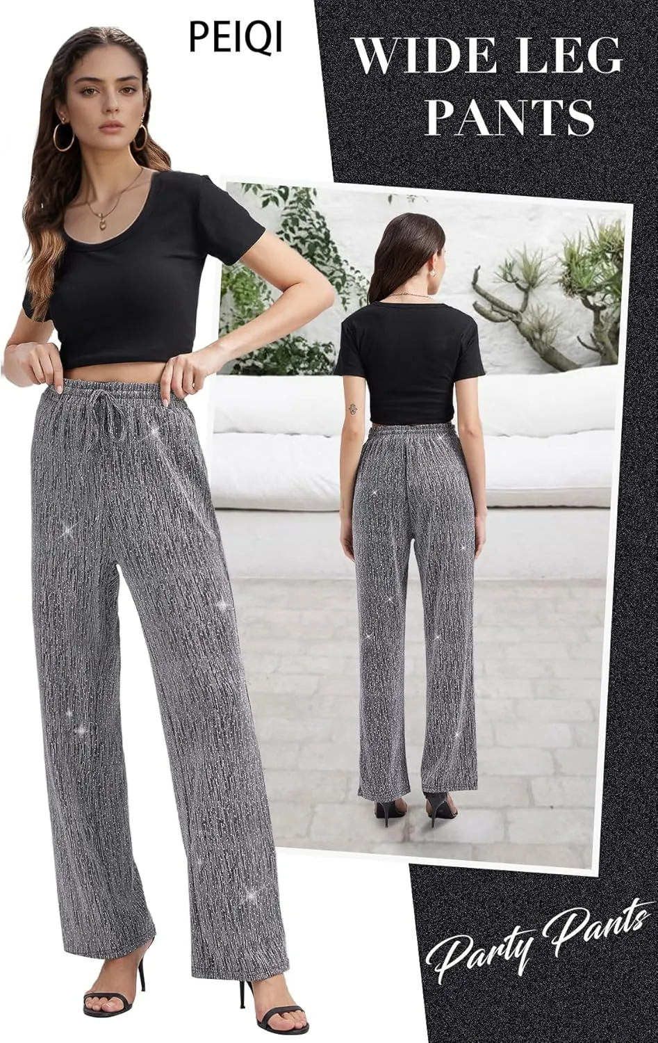 PEIQI Women High Elastic Waist Wide Leg Palazzo Pants Bling Glitter Casual Loose Long Sparkle Pant Trouser