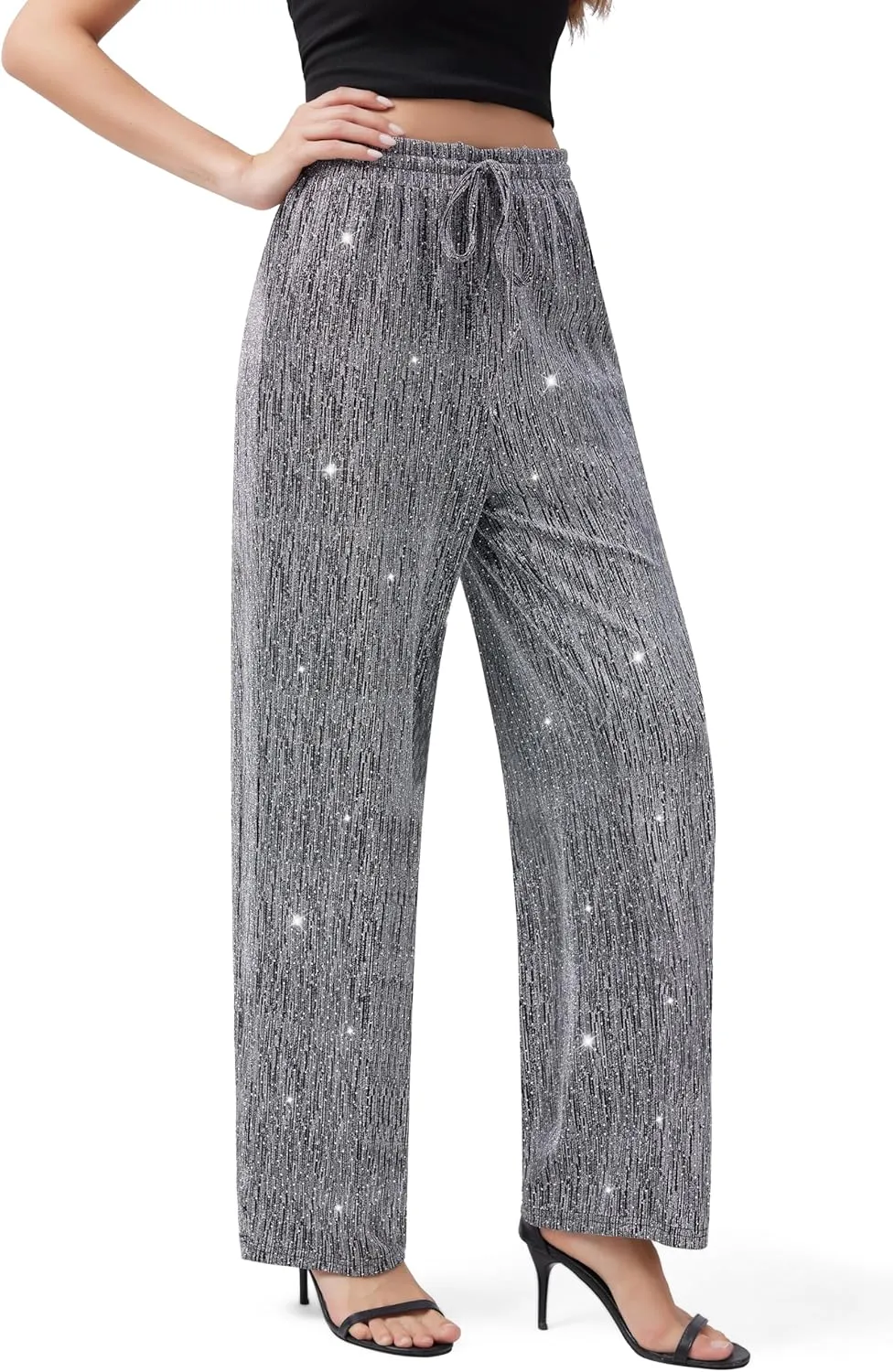 PEIQI Women High Elastic Waist Wide Leg Palazzo Pants Bling Glitter Casual Loose Long Sparkle Pant Trouser