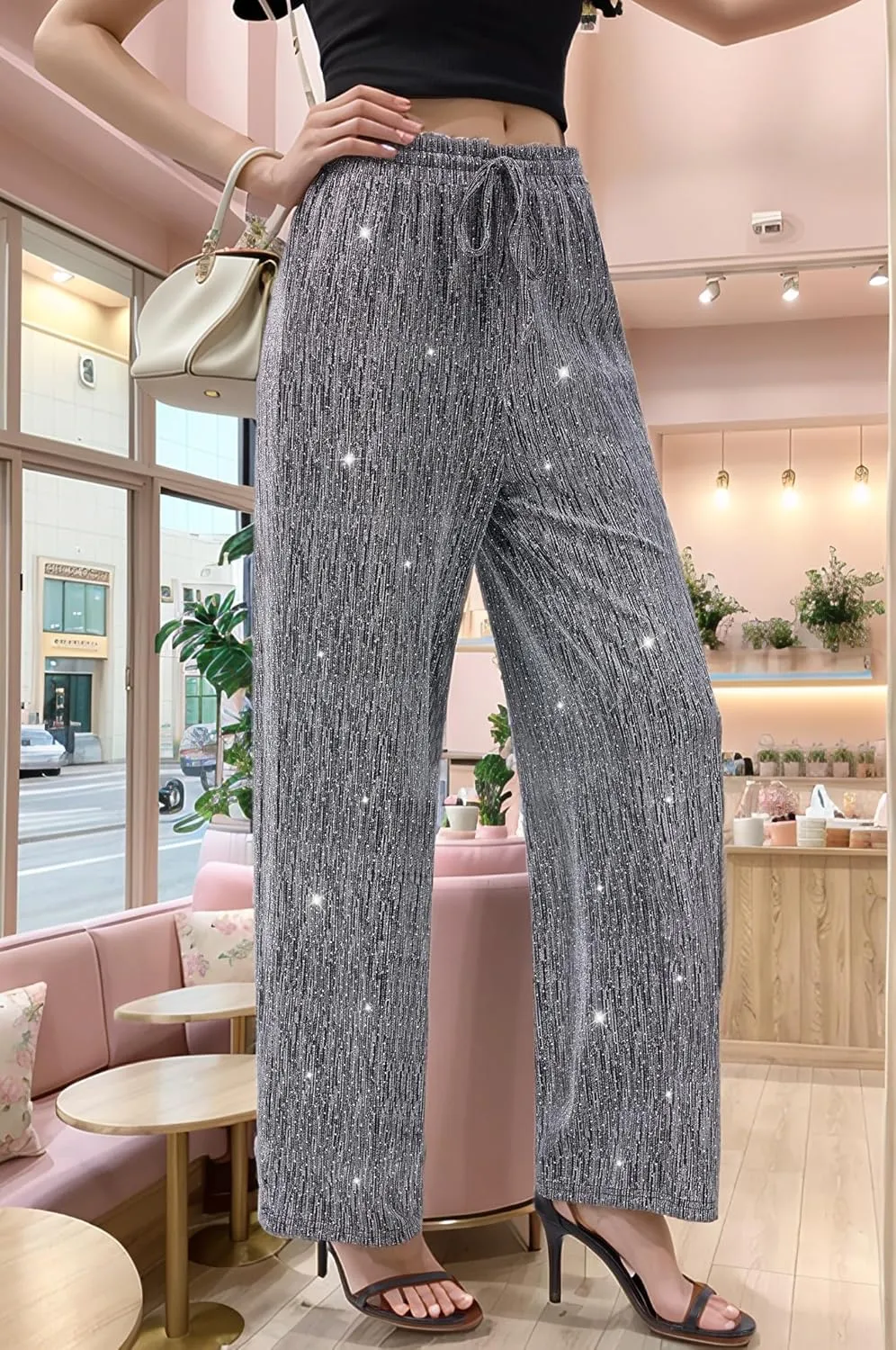 PEIQI Women High Elastic Waist Wide Leg Palazzo Pants Bling Glitter Casual Loose Long Sparkle Pant Trouser