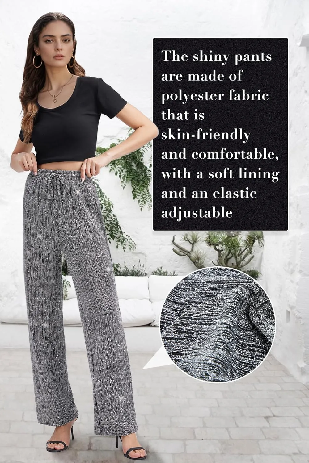 PEIQI Women High Elastic Waist Wide Leg Palazzo Pants Bling Glitter Casual Loose Long Sparkle Pant Trouser