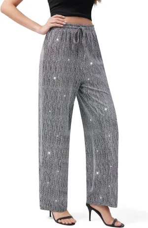 PEIQI Women High Elastic Waist Wide Leg Palazzo Pants Bling Glitter Casual Loose Long Sparkle Pant Trouser