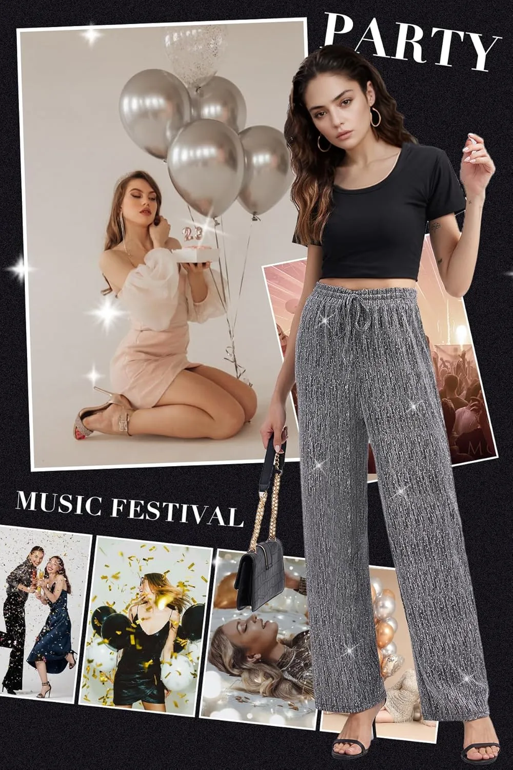 PEIQI Women High Elastic Waist Wide Leg Palazzo Pants Bling Glitter Casual Loose Long Sparkle Pant Trouser