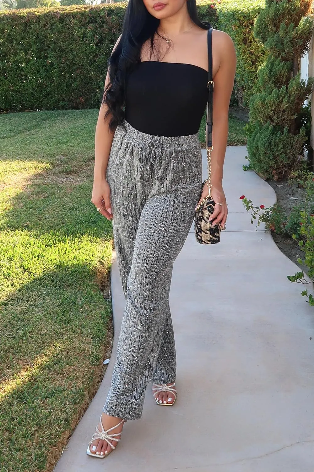 PEIQI Women High Elastic Waist Wide Leg Palazzo Pants Bling Glitter Casual Loose Long Sparkle Pant Trouser