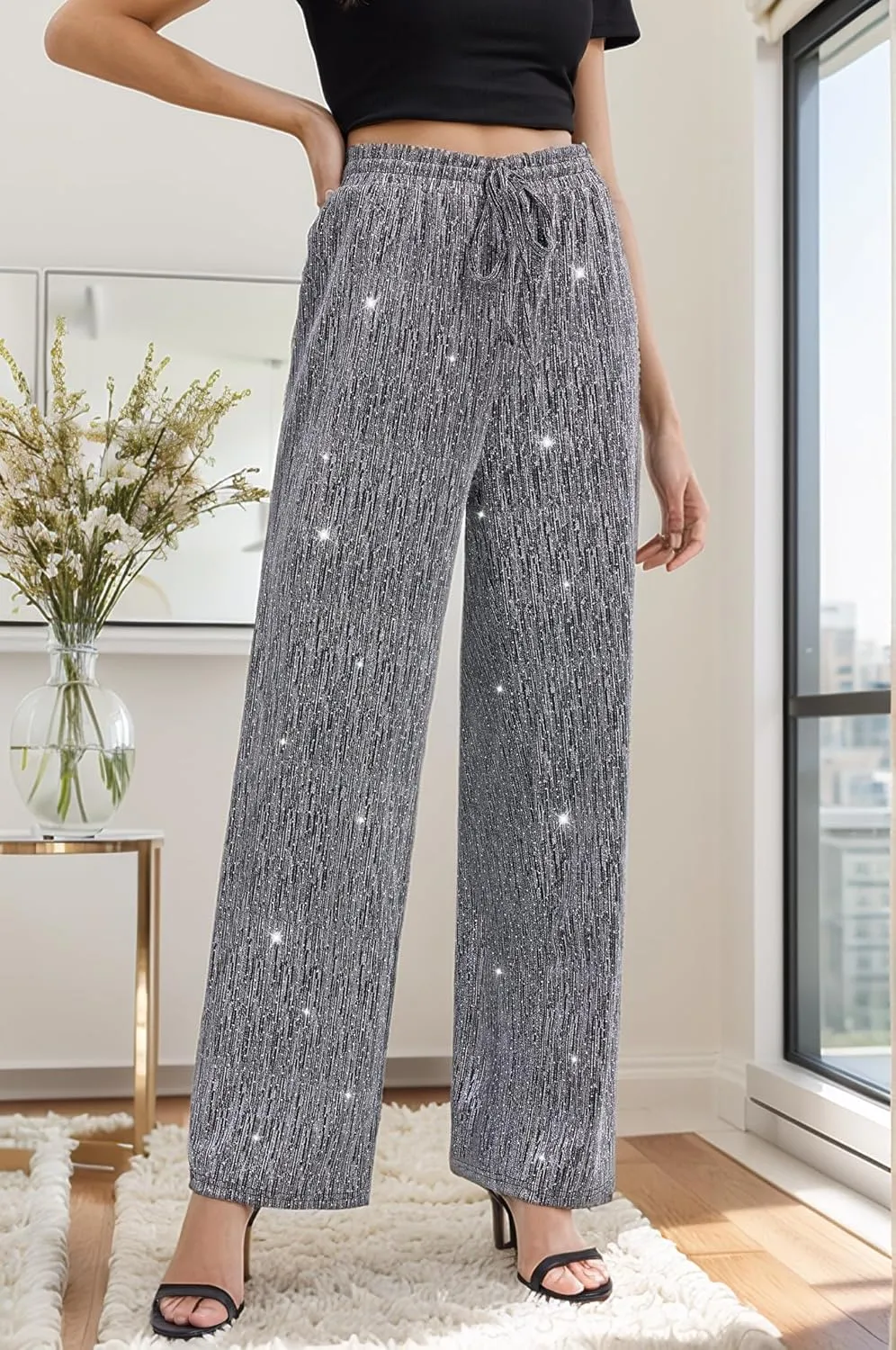 PEIQI Women High Elastic Waist Wide Leg Palazzo Pants Bling Glitter Casual Loose Long Sparkle Pant Trouser