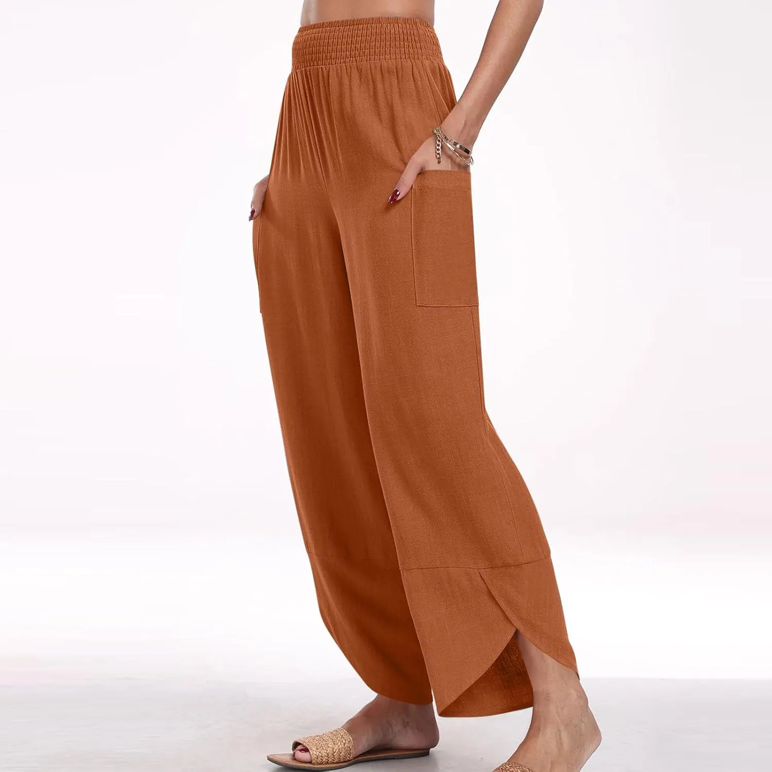 Plus Size Womens Linen Pants Summer Loose Wide Leg Harem Trousers Casual Elastic Waist Colorblock Beach Palazzo