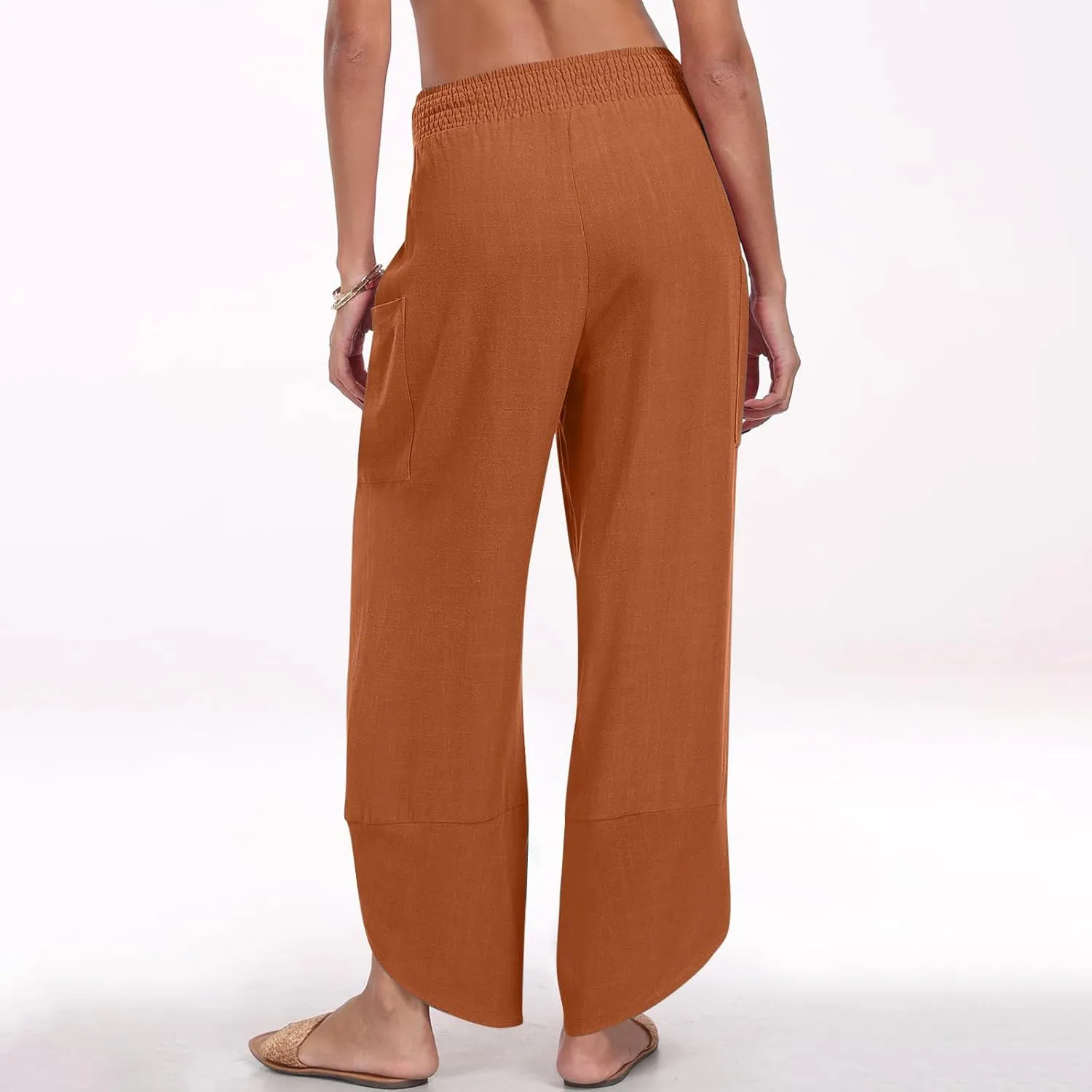 Plus Size Womens Linen Pants Summer Loose Wide Leg Harem Trousers Casual Elastic Waist Colorblock Beach Palazzo