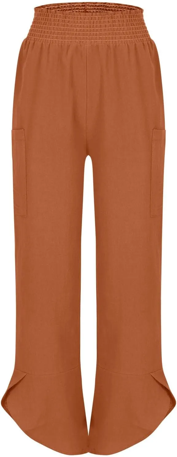 Plus Size Womens Linen Pants Summer Loose Wide Leg Harem Trousers Casual Elastic Waist Colorblock Beach Palazzo