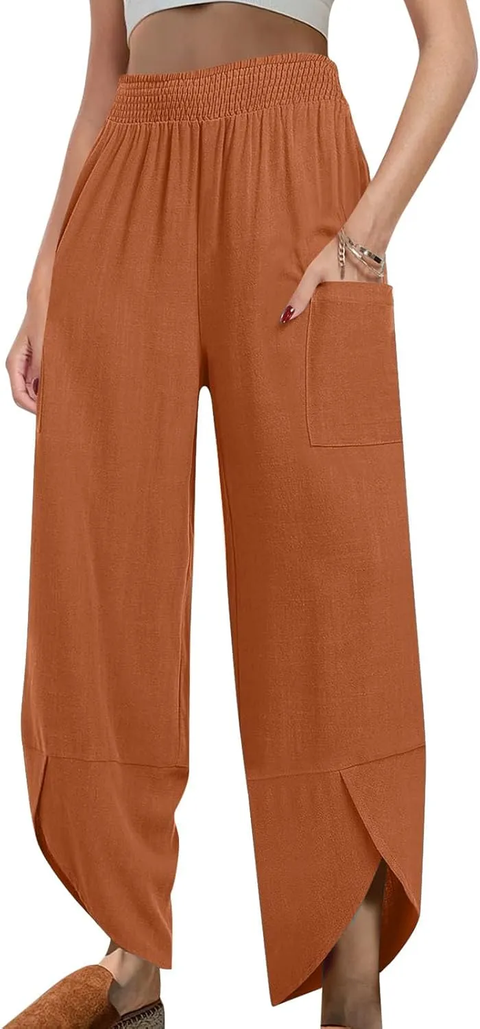 Plus Size Womens Linen Pants Summer Loose Wide Leg Harem Trousers Casual Elastic Waist Colorblock Beach Palazzo
