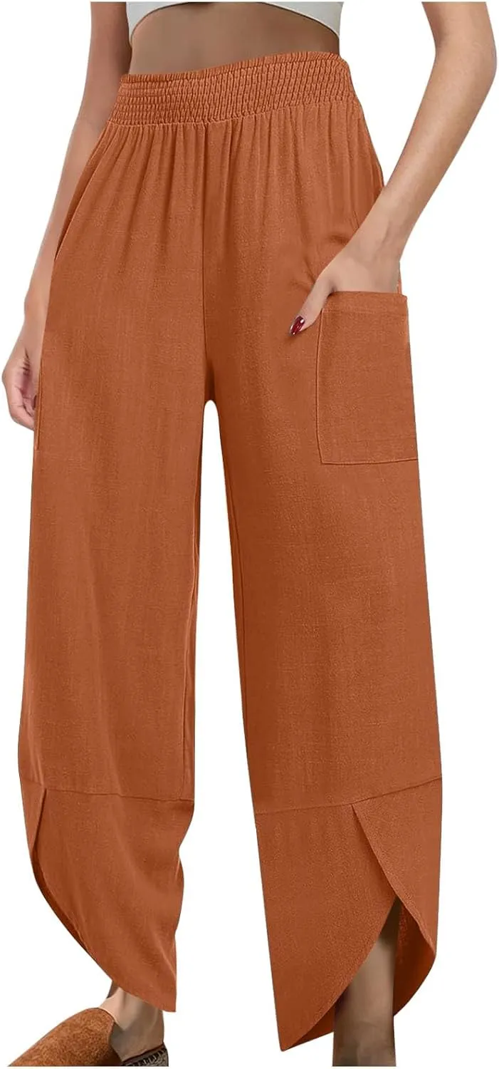 Plus Size Womens Linen Pants Summer Loose Wide Leg Harem Trousers Casual Elastic Waist Colorblock Beach Palazzo