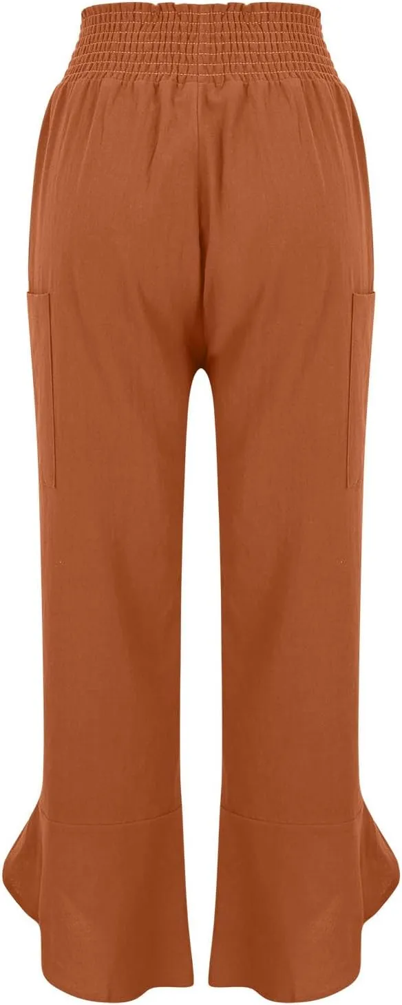 Plus Size Womens Linen Pants Summer Loose Wide Leg Harem Trousers Casual Elastic Waist Colorblock Beach Palazzo