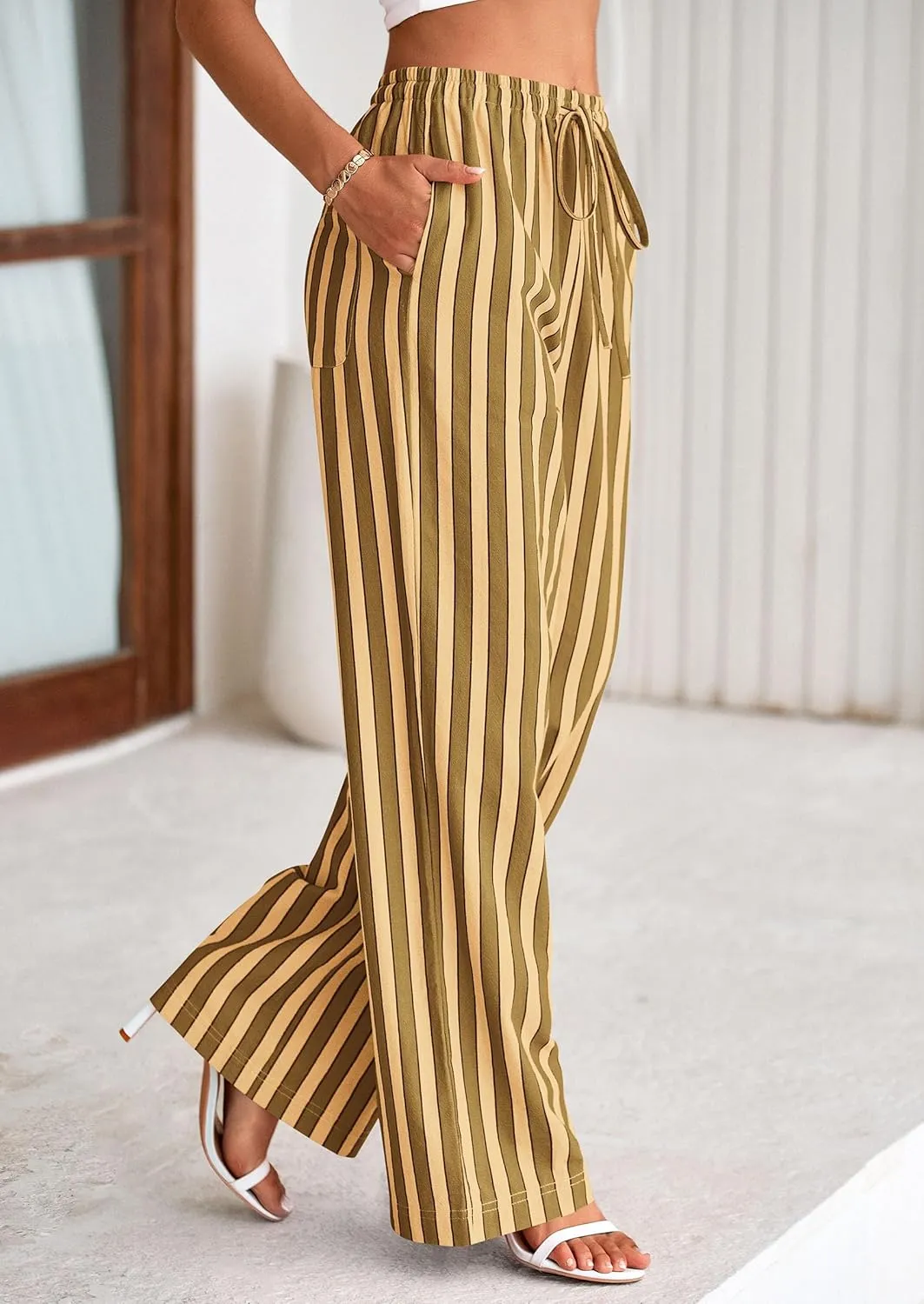 PRETTYGARDEN Women's Wide Leg Lounge Pants 2025 Summer Drawstring Elastic Waist Comfy Striped Pajama Bottoms Trendy Clothes