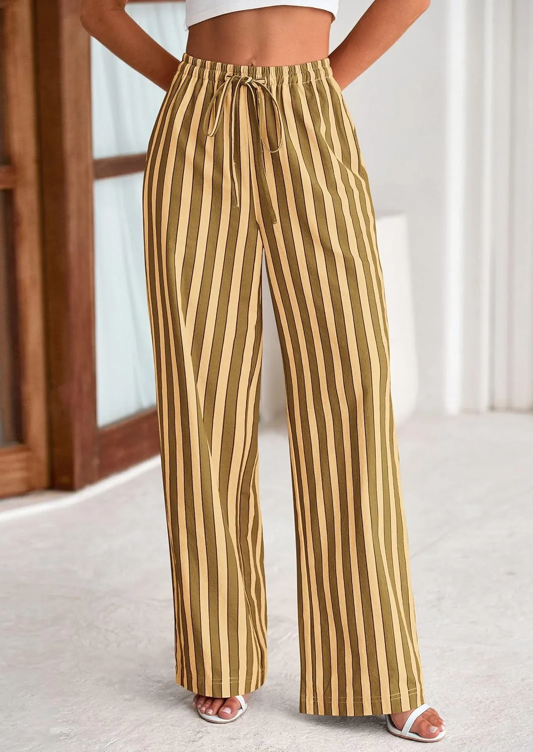 PRETTYGARDEN Women's Wide Leg Lounge Pants 2025 Summer Drawstring Elastic Waist Comfy Striped Pajama Bottoms Trendy Clothes