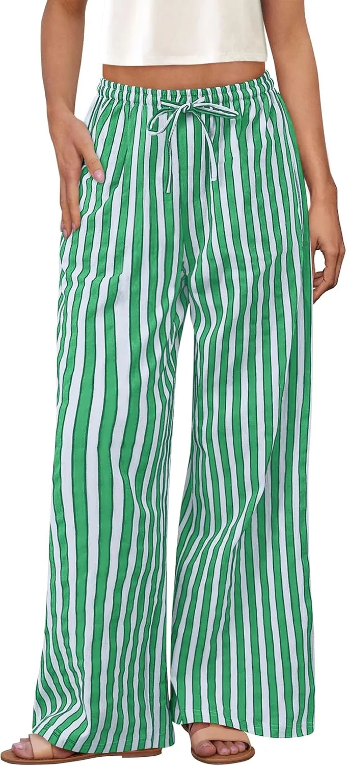 PRETTYGARDEN Women's Wide Leg Lounge Pants 2025 Summer Drawstring Elastic Waist Comfy Striped Pajama Bottoms Trendy Clothes