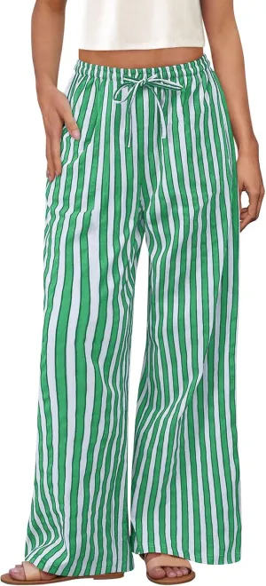 PRETTYGARDEN Women's Wide Leg Lounge Pants 2025 Summer Drawstring Elastic Waist Comfy Striped Pajama Bottoms Trendy Clothes