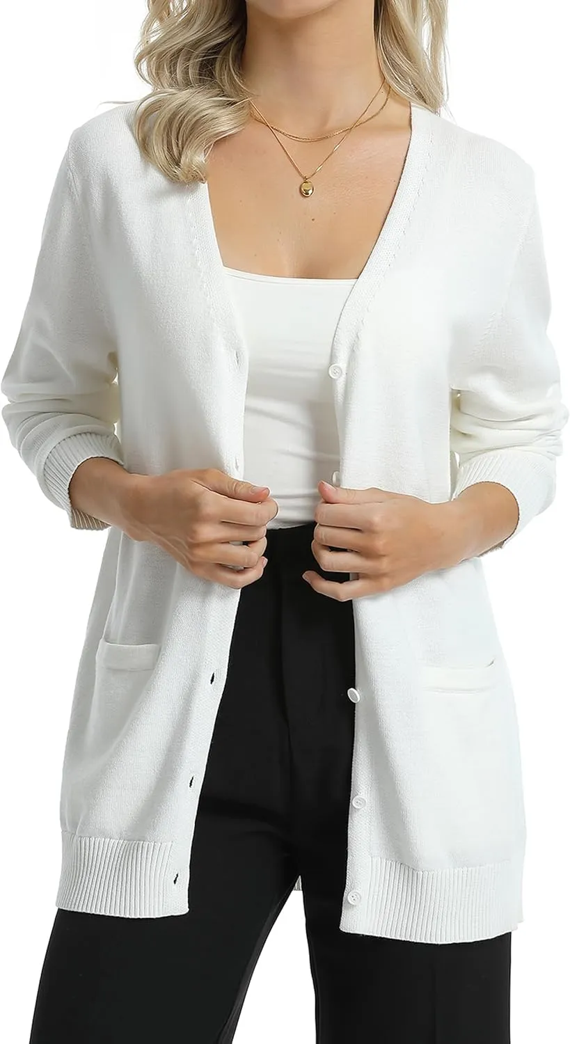 QUALFORT Women's 100% Cotton Midweight V-Neck Cardigan Sweater with Pockets