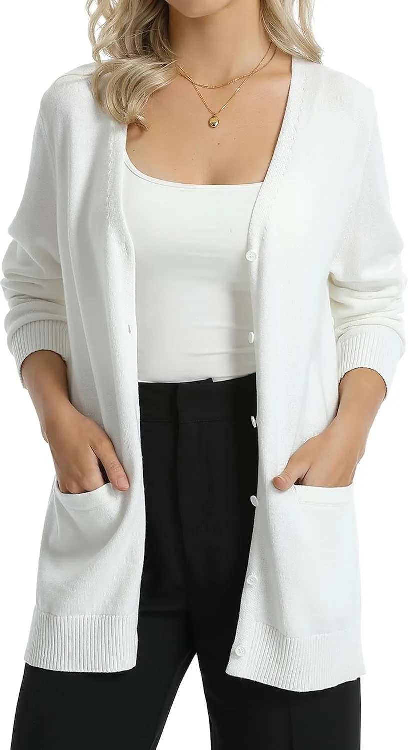 QUALFORT Women's 100% Cotton Midweight V-Neck Cardigan Sweater with Pockets