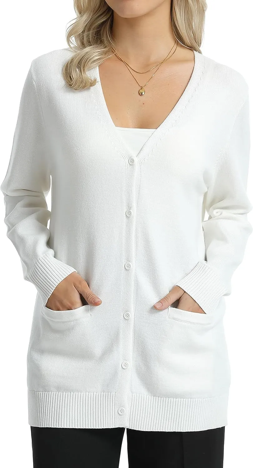 QUALFORT Women's 100% Cotton Midweight V-Neck Cardigan Sweater with Pockets